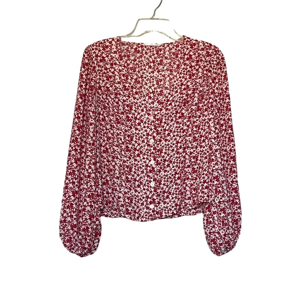 Lush Red & White Floral Print V Neck Long Sleeve Button Down Top, Size XS - Picture 9 of 11